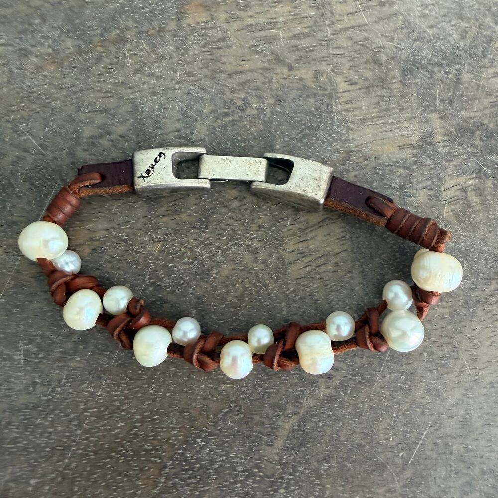 Signed Artisan Pearl and Leather Handmade Knotted Bracelet